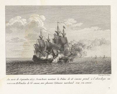 Jan Bart verovert een Hollands fregat, 1677
Em Setembro de 1677, Jean-Bart montou a Palme de 18 armas e embarcou num navio holandês de 36 armas, com vários navios mercantes sob o seu comboio (título sobre o objecto)
Recueil des combates d de Yves Marie Le Gouaz