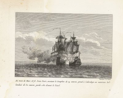 Jan Bart verovert een Hollands fregat, 1678 Em março de 1678, Jean-Bart, montando o Dauphin de 14 canhões, embarcou em um navio holandês de 32 canhões, guarda costeira em frente ao Texel (título no objeto) Coleção das lutas de Jean-Bart, chefe de Es de Yves Marie Le Gouaz