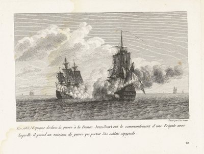 Jan Bart verovert een Spaans schip conheceu 350 soldados aan boord, 1683 Em 1683, a Espanha declarou guerra à França, Jean-Bart tinha o comando de uma fragata com a qual tomou um navio de guerra que transportava 350 soldados espanhóis (título no obje de Yves Marie Le Gouaz