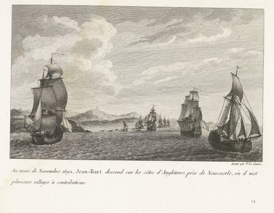 Jan Bart voor de Engelse kust bij Newcastle, 1692
Em Novembro de 1692, Jean-Bart desceu à costa de Inglaterra, perto de Newcastle, onde pôs várias aldeias a contribuir (título sobre o objecto)
Recueil des combats de Jean-Bart, chef d