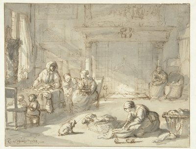 Interior de uma casa com mulheres e crianças de Zacharias Blijhooft
