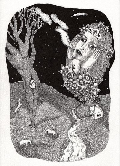 Vozes, 2020 (desenho a tinta no papel) de Sabina Nedelcheva Williams