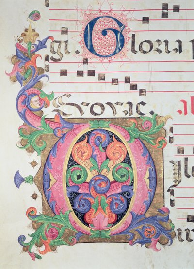 Missal 515 fol.146r Historiated inicial &39;O&39; decorado com folhagem, detalhe de um livro de coro executado antes de 1449 de Zanobi di Benedetto Strozzi