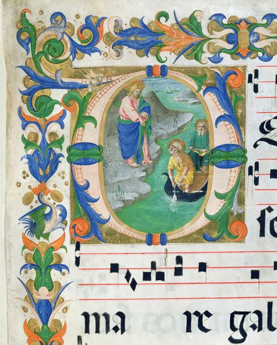 Ms 515 f.1r O Projecto Milagroso de Peixes, de um livro de coro, executado antes de 1449, detalhe de 88903 de Zanobi di Benedetto Strozzi