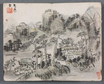 Álbum em miniatura com figuras e paisagem (paisagem com dois prédios) de Zeng Yandong