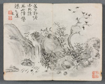 Álbum em miniatura com figuras e paisagem (paisagem em cascata) de Zeng Yandong