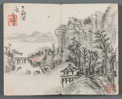 Álbum em miniatura com figuras e paisagem Cliff Landscape with Bridge, 1822. de Zeng Yangdong