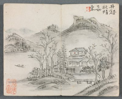 Álbum em miniatura com figuras e paisagem com colina, casa, barco e ponte, 1822. de Zeng Yangdong