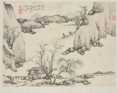 Álbum de paisagem em vários estilos: Boating in Spring Water, 1684. de Zha Shibiao