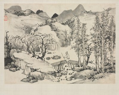 Álbum de paisagem em vários estilos: paisagem com artista em uma ponte de Zha Shibiao