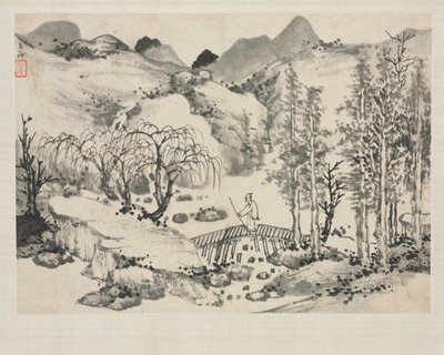Álbum Paisagem em vários estilos: Paisagem com artista em uma ponte, 1684. de Zha Shibiao