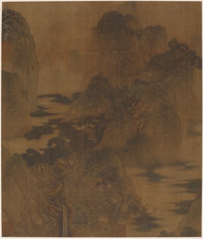 Paisagem: desfiladeiro de montanha, névoa, um riacho e edifícios, dinastia Ming, século XVII. de Zhang Hong