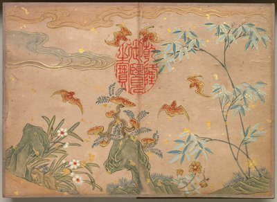 Álbum de mesa: Pinturas de flores e pássaros (morcegos, pedras, caligrafia oval de flores) de Zhang Ruoai