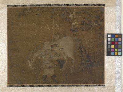 Grooms Combing White Horse (cores sobre seda) de Zhao Mengfu Chao Meng Fu or