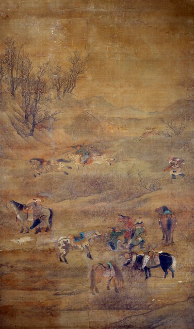 Cavaleiro mongol perseguindo um cavalo. Pintura em seda de Fou Tchao Mong de Zhao Mengfu Chao Meng Fu or