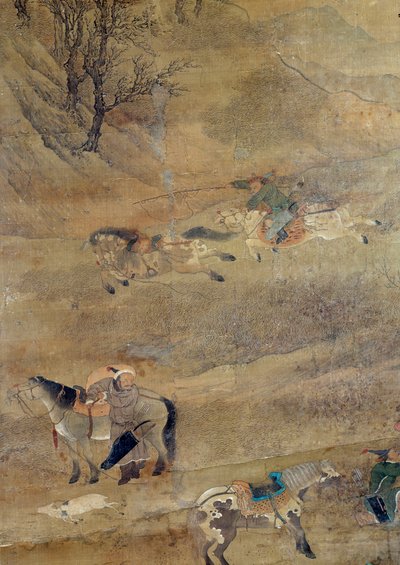 Cavaleiro mongol perseguindo um cavalo. Detalhe. Pintura em seda de Fou Tchao Mong de Zhao Mengfu Chao Meng Fu or