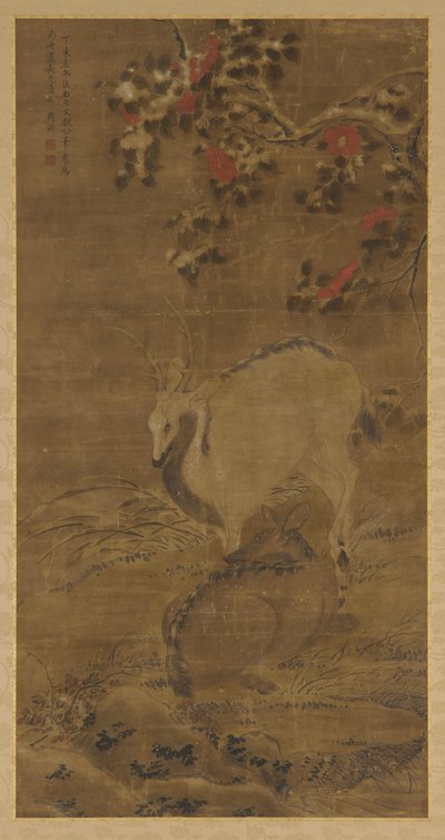 Um veado, uma corça, e camélias vermelhas na neve, 1367. de Zhou Yuan