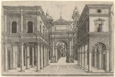 Uma rua com vários edifícios, colunatas e um arco de Zoan Andrea after Donato Bramante