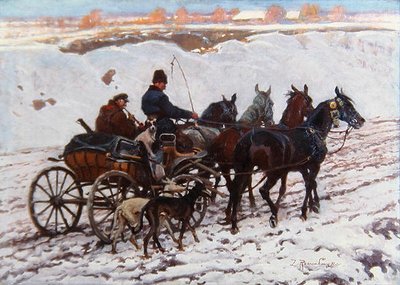 Carro puxado por cavalo (óleo sobre tela) de Zygmunt Rozwadowski
