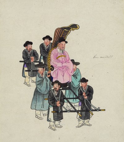 Um alto funcionário coreano, possivelmente o primeiro-ministro, sendo carregado em uma elaborada cadeira sedan, c. 1890 (aquarela) de . .