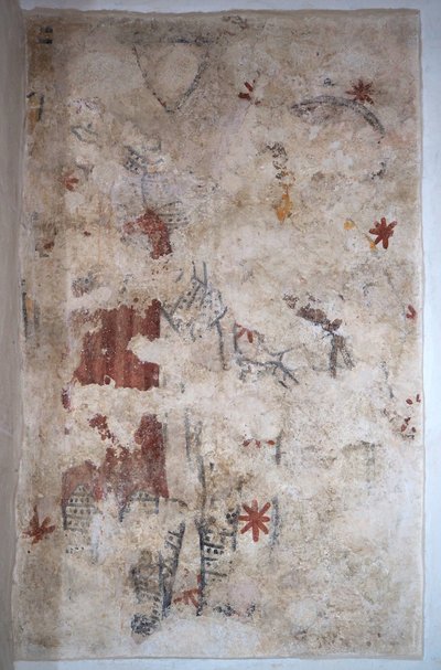 Borgonha, Lancharre, comuna de Chapaize 71460. Na igreja Notre Dame, pintura mural. Dois cavaleiros em cota de malha (fresco) de . .