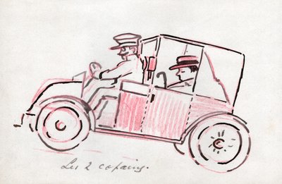 Carro com motorista. por volta de 1910 (desenho) de . .
