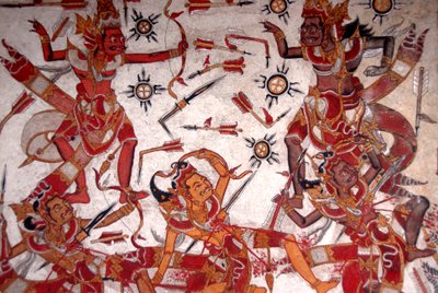 Pintura de tecto no Palácio Real; Batalha dos Deuses; Kerta Gosa; Palácio Taman Gili; Klungkung; Semarapura; Bali; Indonésia; Sudeste Asiático; Ásia de Frederick (attr. to) Barnard
