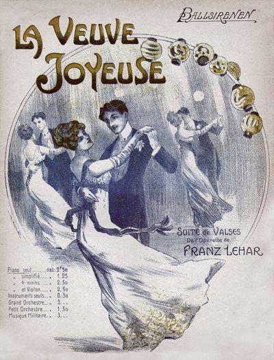 Casais dançando a valsa Ballsirenen. por volta de 1910 (ilustração) de . .