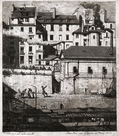 Cena do crime com intervenção policial nos cais de Paris. cerca de 1860 (gravura) de . .