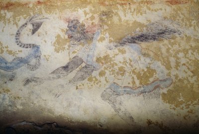Demónio, fresco, Túmulo de Demónios Azuis, Necrópole de Tarquinia (UNESCO World Heritage List, 2004), Lácio, Itália, civilização etrusca, século V a.C. (foto) de Georg Carl Heinrich Dollmann
