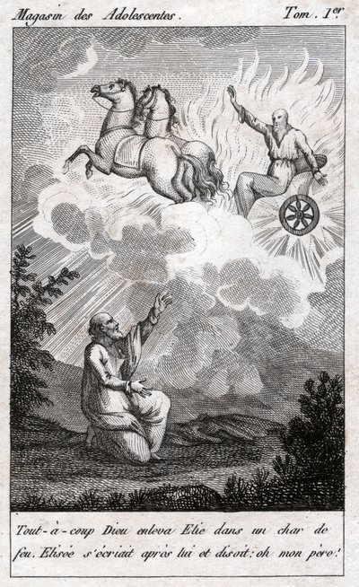 Elijah decola para o céu, por volta de 1880 (gravura) de . .