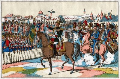 O imperador Alexandre II revisa suas tropas antes da declaração de guerra à Turquia (1877). por volta de 1880 (ilustração) de . .