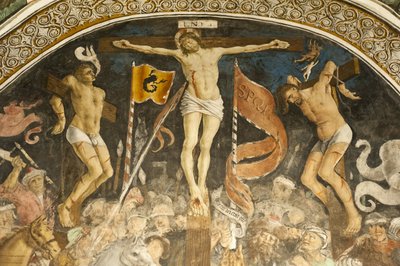 Famoso grupo de crucificação de Hans Clemer, afresco no coro, igreja paroquial de Chiesa Parocchiale, Elva, província de Cuneo, Piemonte, Itália, Europa de Ferdinand Georg Waldmuller