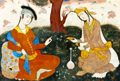 Fresco; dois amantes; miniatura persa; Chehel Sotoun; Palácio dos Quarenta Pilares; Isfahan; Irão; Ásia de Frederick (attr. to) Barnard