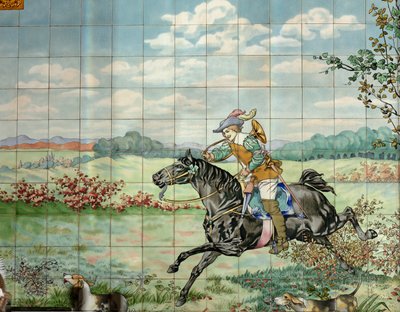 Vista interior, painel de azulejos, pintor Furcy Ernest Tondeur, executor Boch Frères La Louvière, segundo painel mostra cena de caça com cavaleiro galopante com chifre de caça de . .