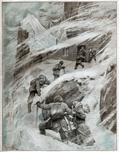 Turistas italianos presos na tempestade nos Alpes italianos. 1925 (Ilustração) de . .