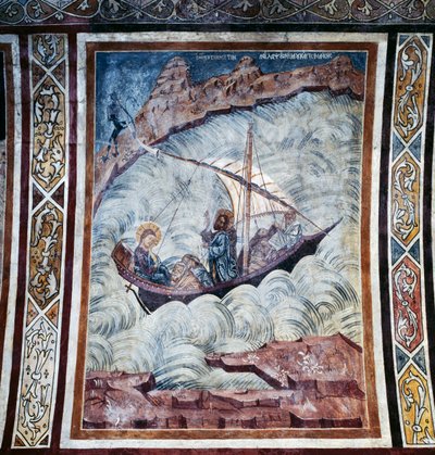 Jesus acalmando a tempestade, afresco na abóbada da igreja do mosteiro de Thari, ilha de Rodes, Grécia de Georg Carl Heinrich Dollmann