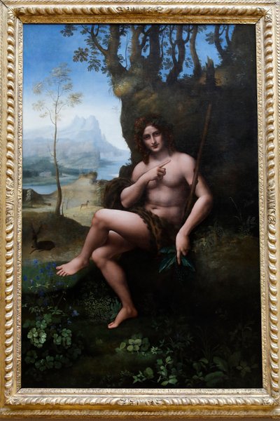 Museu do Louvre, Paris, França. Oficina de Leonardo da Vinci, creditada a Francesco Melzi, São João Batista, óleo sobre painel transferido para tela, c. 1510-1520. de . .