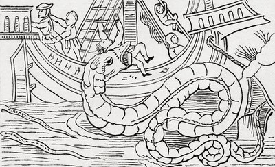 Homem sendo comido por uma serpente marinha. de . .