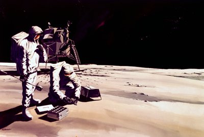 Voo Espacial Tripulado, EUA, Apollo, Artista Geral Impressão de astronautas trabalhando na Lua de Ferdinand Georg Waldmuller