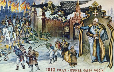 Guerra Napoleônica de 1812, Representação do Retiro de Napoleão de Moscou sendo Supervisionado pela Águia Imperial Russa de Duas Cabeças e pelo Czar Alexandre I. de Frederick (attr. to) Barnard