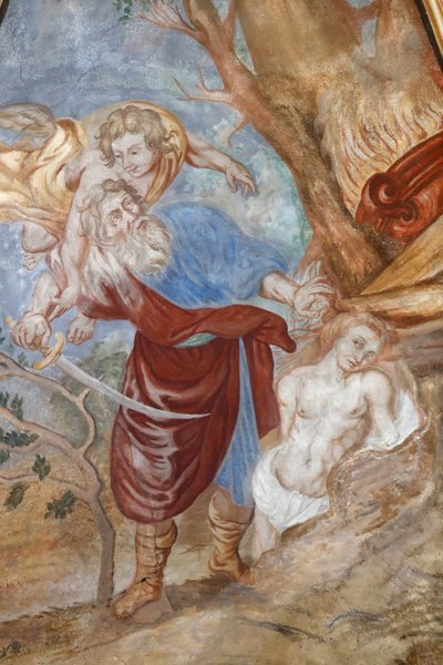 Igreja de Nossa Senhora da Assunção de Cordon. Fresco. Deus ordena que Abraão ofereça seu filho Isaque como sacrifício. França. França. de . .