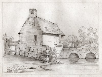 Casa de camponês à beira de um rio. por volta de 1830 (ilustração) de . .