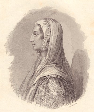 Retrato da fidalga italiana Beatrice Lascaris di Tenda (1372-1418), gravura em cobre de G Fusinati a partir de retrato publicado por Antonio Campo de William Walcutt