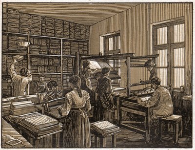 Gráfica em Budapeste, Hungria: faconing e preparação de livros. Trabalho feminino. cerca de 1910 (ilustração) de . .