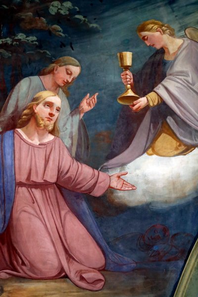 Igreja Rumilly. Pintura de parede. Jesus orando no jardim do Getsêmani após a Última Ceia. França. de . .