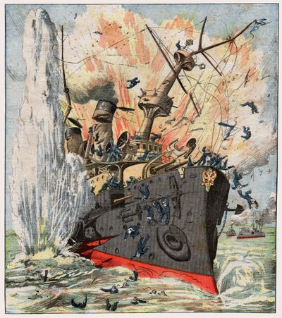 Navio de guerra russo afundado por uma mina japonesa em Port Arthur de . .