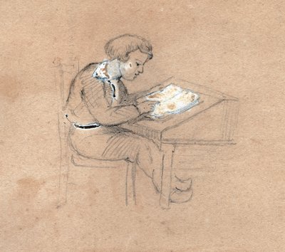 Estudante no trabalho em sua mesa. por volta de 1830 (ilustração) de . .