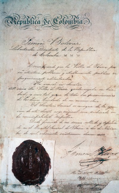 O ato pelo qual Simon Bolívar declarou a cidade de San Miguel de Ibarra, capital da província vizinha, naquela época parte da Grande Colômbia (hoje Equador), 2 de novembro de Georg Carl Heinrich Dollmann