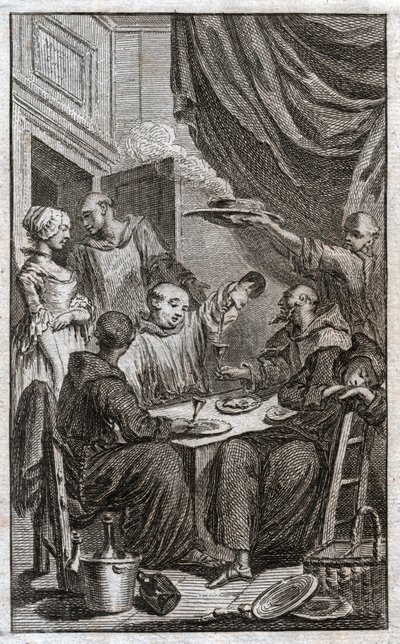 A festa dos monges que violam as regras monásticas. Eles bebem vinho, cortejam as empregadas. Século XVIII (Gravura) de . .